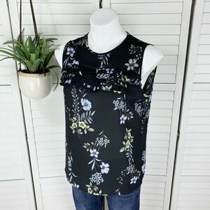 Karl Lagerfeld Paris Black Floral Sleeveless Blouse Top Sheer Ruffle Tank Size S